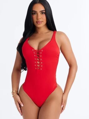Always Tanning Ribbed 1 Piece Lace Up Swimsuit